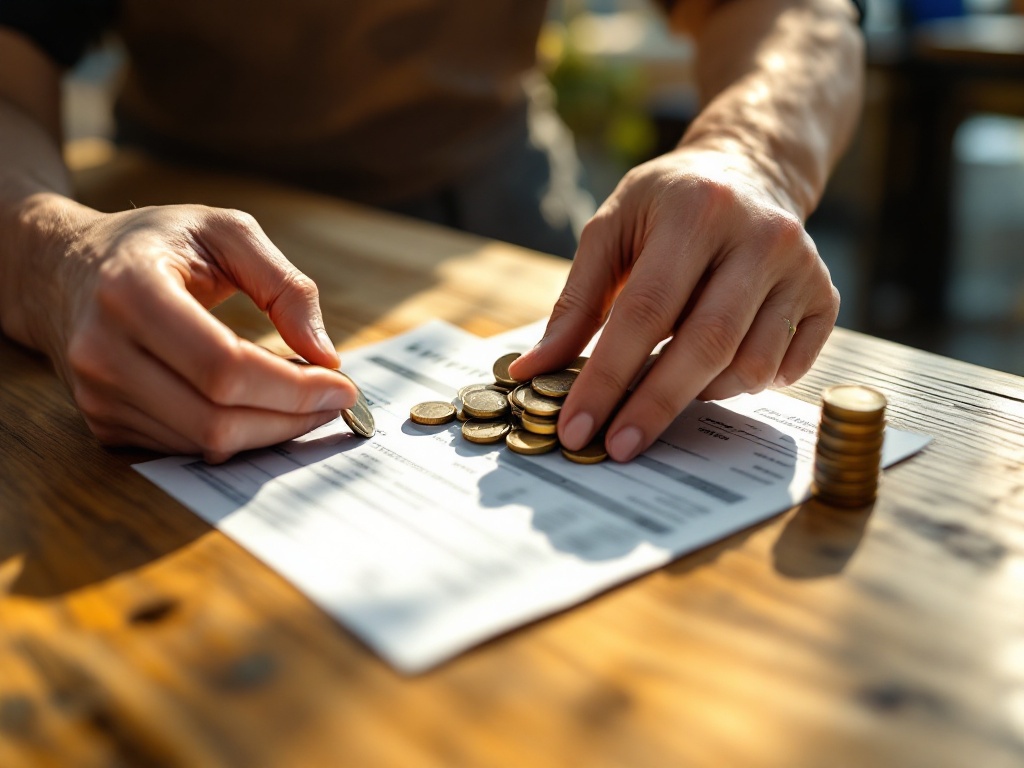 a cafe part-timer counting coins and a payslip on a wooden counter, warm afternoon light, close-up on hands, editorial photography, no text