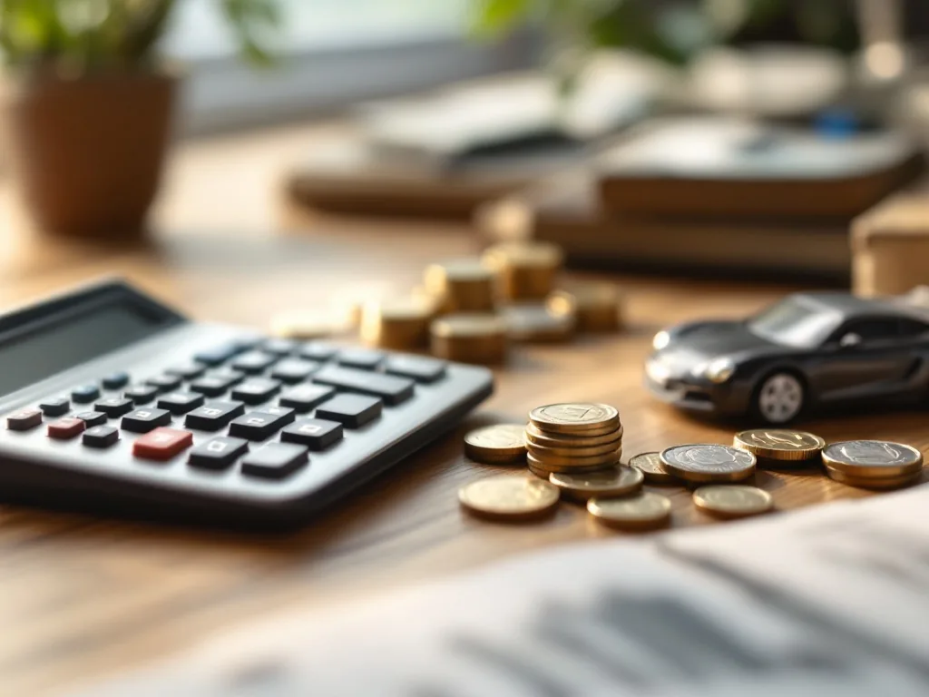 a calculator, coins and a small toy car on a wooden desk, soft window light, documentary finance still life, no text