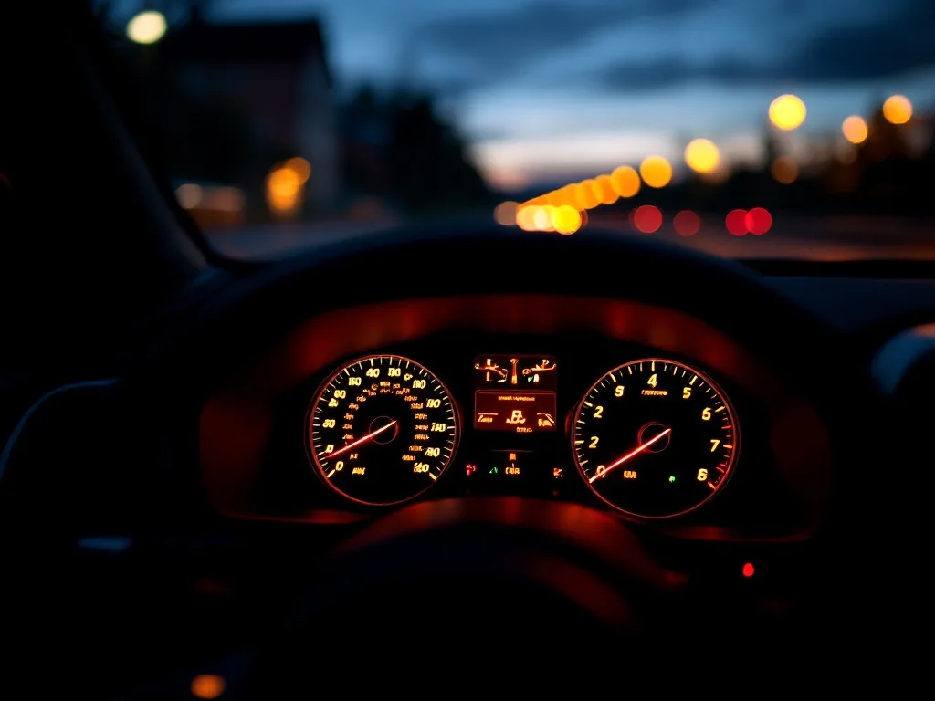 a car dashboard instrument cluster glowing at dusk inside a parked vehicle, close-up on flickering gauges, moody automotive editorial photography, no text