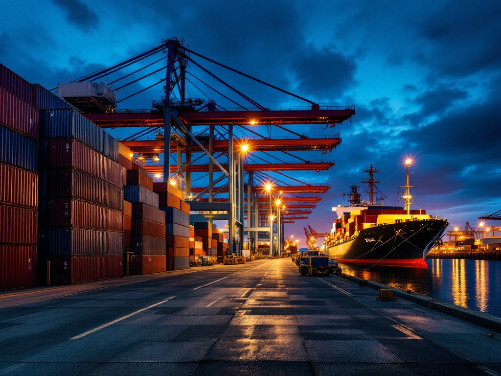 a cargo port at dusk with stacked shipping containers and a docked ship, warm harbor lights reflecting on water, wide documentary shot, editorial photography, no text