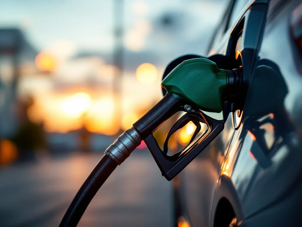 a close-up of a fuel pump nozzle refueling a car at a gas station in the evening, warm amber light, shallow depth of field, editorial photography, no text