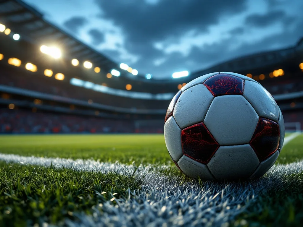 a close-up of a soccer ball on the penalty spot of a stadium pitch, dramatic evening light, editorial sports photography, no text