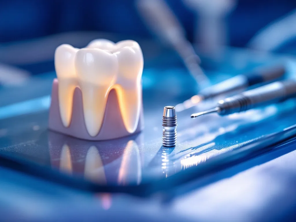 a dentist's tray with sterile implant instruments and a tooth model under soft clinical light, close-up, shallow depth of field, editorial photography, no text