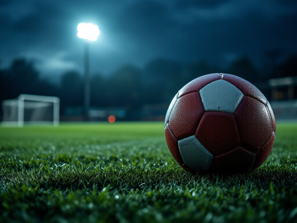 a football resting on floodlit stadium grass at night, empty goalpost in the background, editorial sports photography, no text