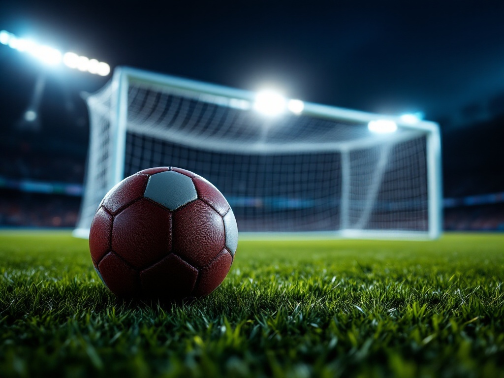a football resting on floodlit stadium grass at night with an empty net blurred in the background, dramatic editorial sports photography, no text