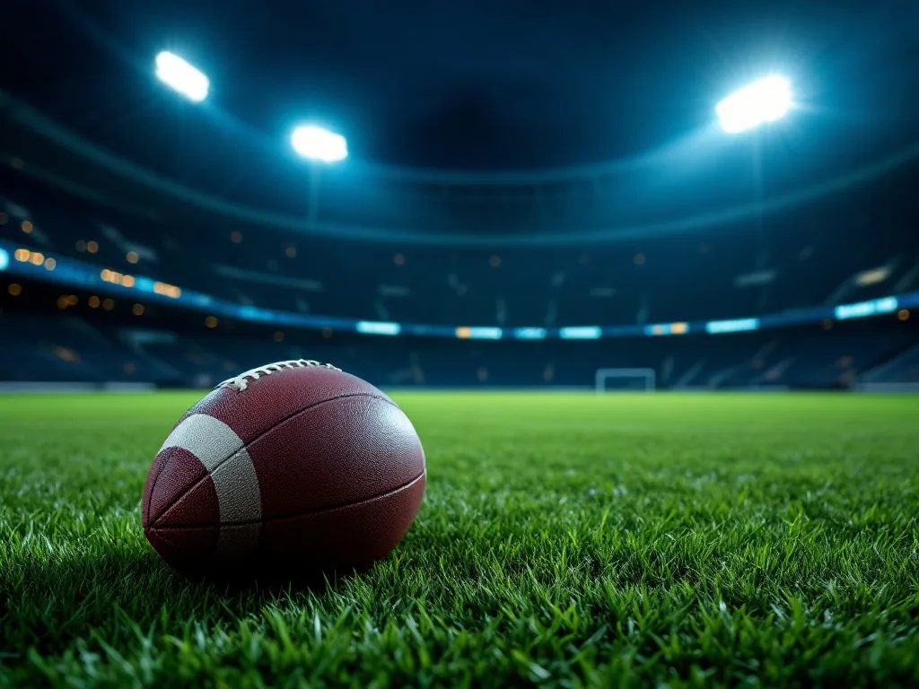 a football resting on green grass under bright night floodlights in an empty stadium, dramatic shadows, editorial sports photography, no text