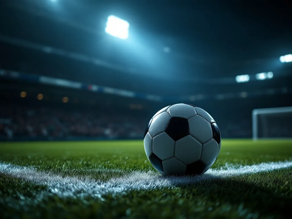 a football resting on the penalty spot of a floodlit pitch at night, dramatic shadows, anticipation before kickoff, editorial sports photography, no text