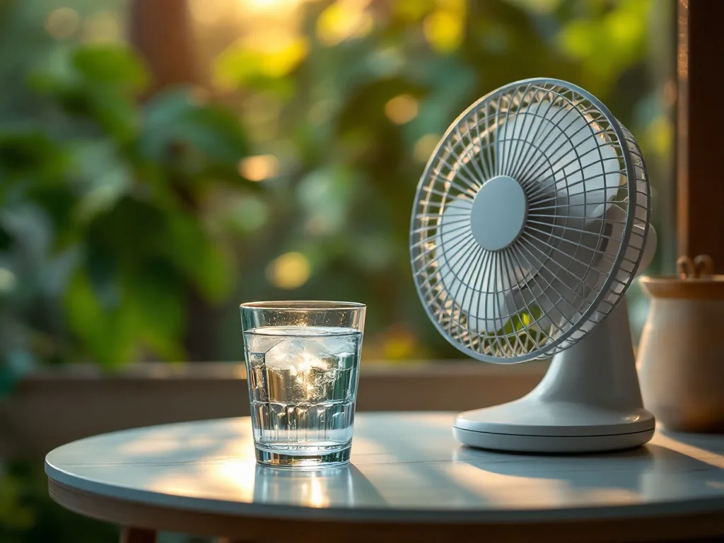 a glass of water beside a small fan on a simple table during a humid summer evening, editorial health photography, no text