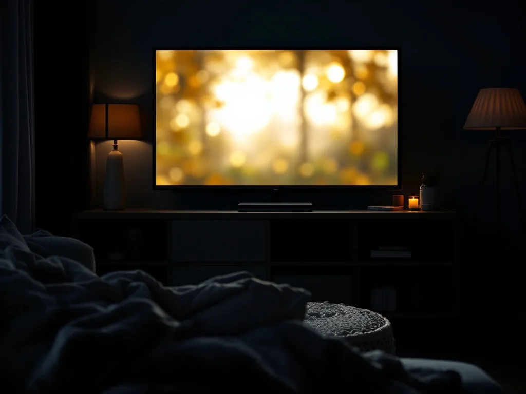 a glowing television screen lighting up a dark cozy living room at night, weekend drama viewing mood, warm lamp light, editorial photography, no text