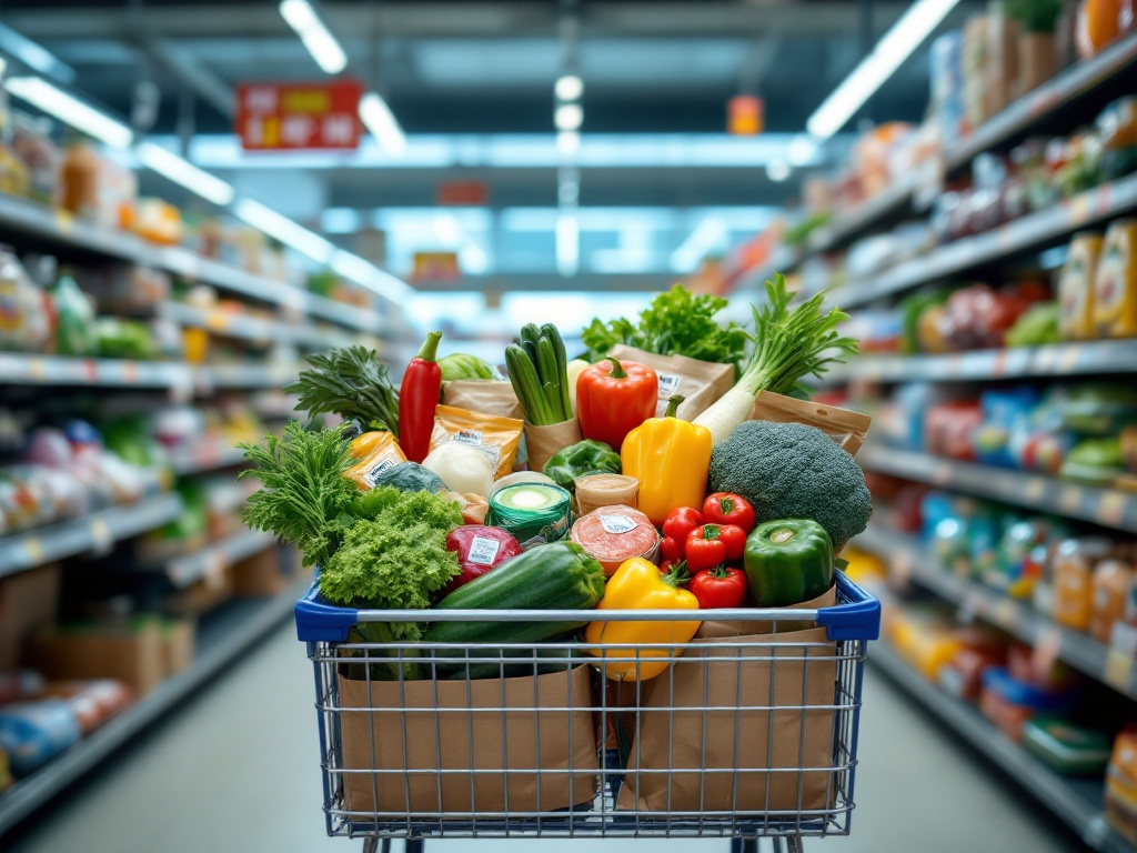 a grocery shopping cart filled with fresh vegetables and packaged goods in a bright Korean supermarket aisle, soft overhead light, documentary editorial photography, no text