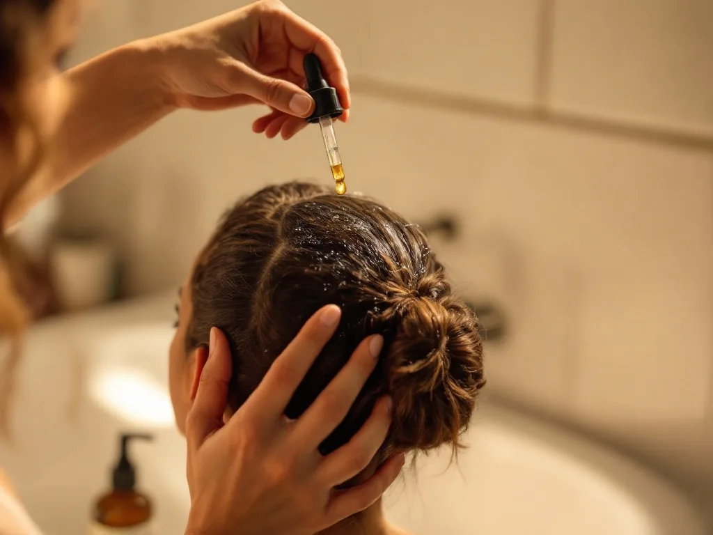 a hand holding a small dropper bottle over the scalp, over-the-shoulder view, warm soft bathroom light, editorial photography, no text
