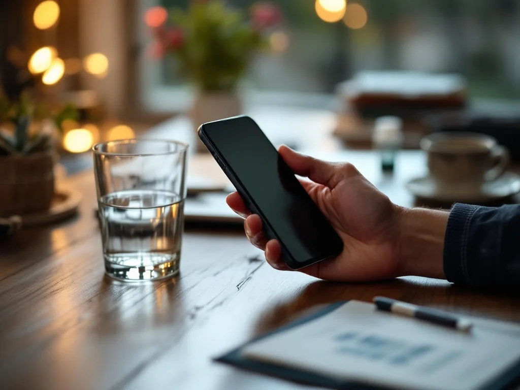 a hand holding a smartphone at a wooden desk next to a glass of water and a small pill bottle, warm indoor evening light, over-the-shoulder view, editorial photography, no text