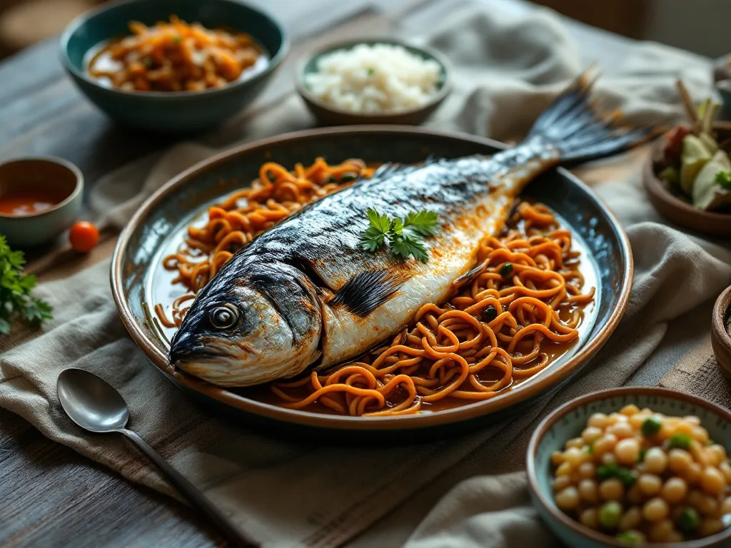 a home-style korean dinner table with a whole grilled fish, a bowl of rice and soybean stew, warm cozy light, appetizing, editorial food photography, no faces