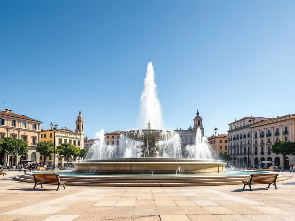 a large public fountain in a southern european city square during a heatwave, sun-bleached stone and harsh midday light, empty benches, documentary editorial photography, no text