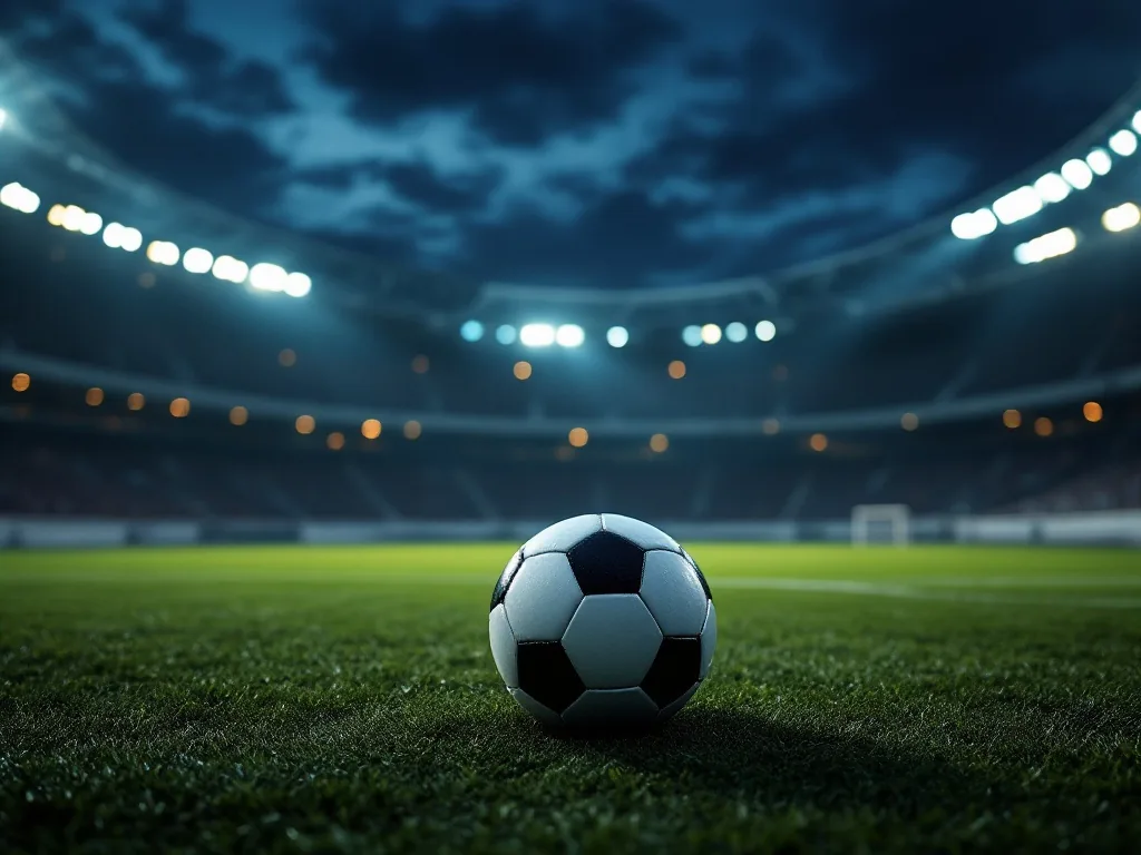 a lone football on the green grass of a large stadium at night under floodlights, empty stands blurred in the background, moody atmospheric editorial sports photography, no text
