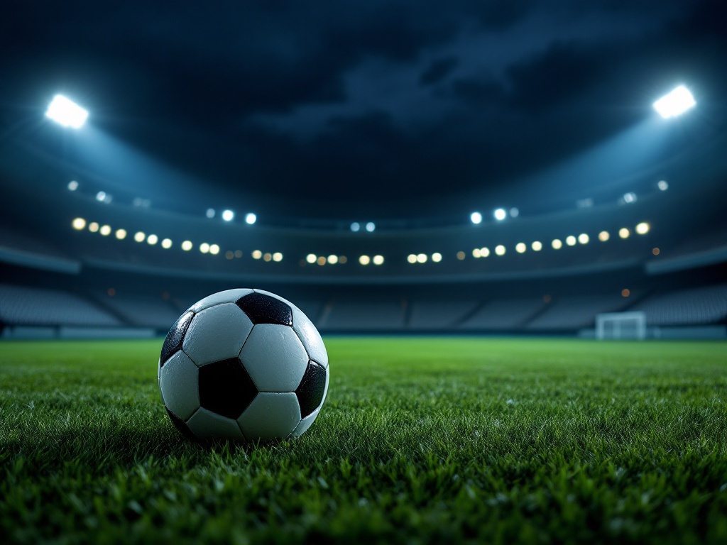 a lone soccer ball resting on empty stadium grass under bright floodlights at night, empty stands in the background, moody editorial sports photography, no text