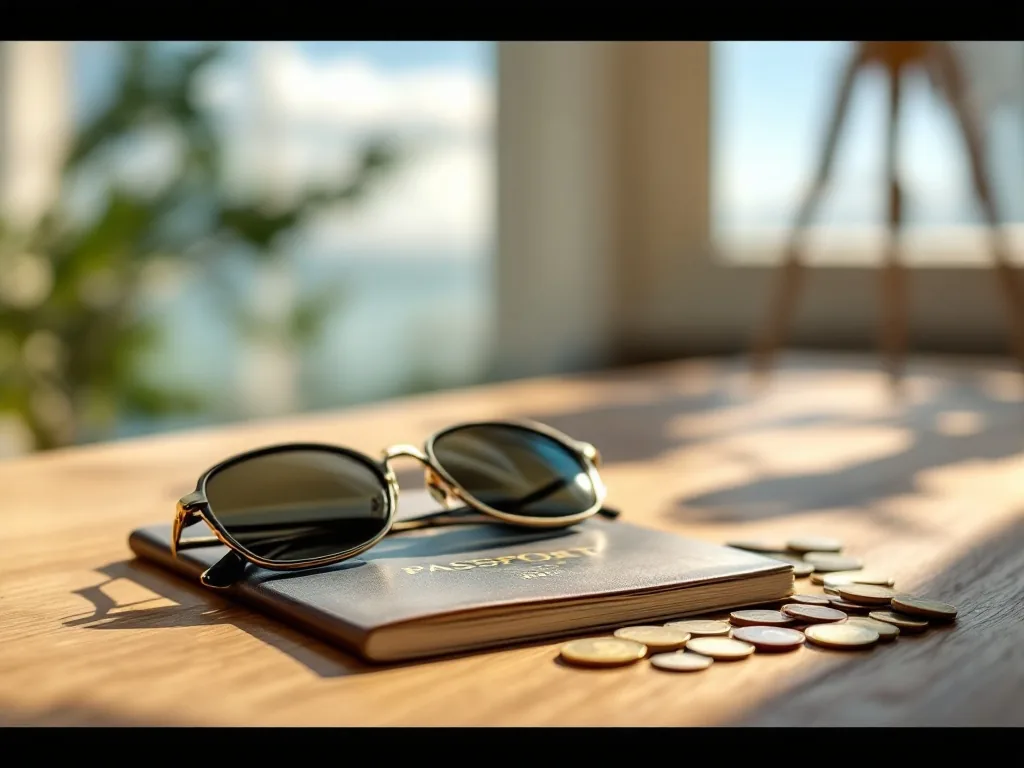 a passport, sunglasses and scattered foreign coins on a wooden desk near a sunny window, summer travel preparation mood, editorial photography, no text