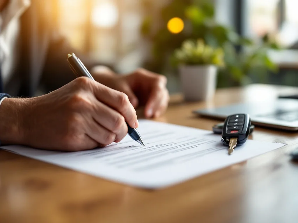 a person's hands signing a car purchase contract on a wooden desk next to a car key, warm soft office light, editorial photography, no text