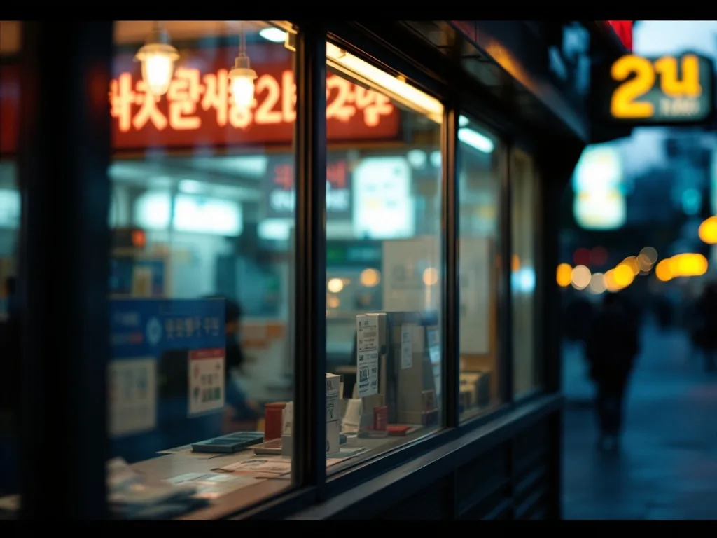 a quiet currency exchange booth window in a Korean city street at dusk, blurred neon reflections, documentary editorial photography, no text