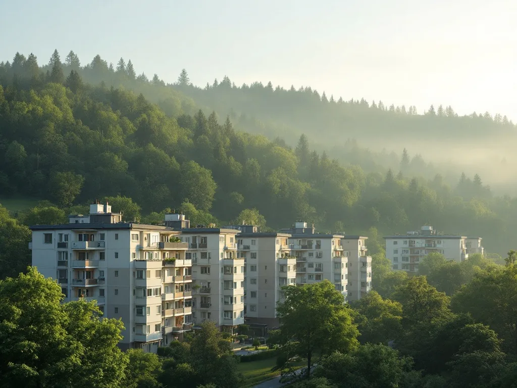 a residential apartment complex next to a green forested hill in early summer morning, mist over trees, quiet mood, no insects, editorial photography