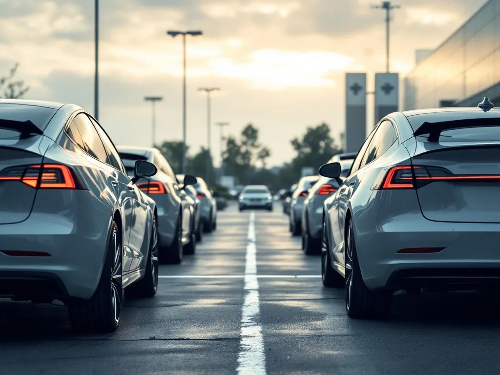 a row of new electric cars parked in an outdoor dealership lot under soft overcast light, rear three-quarter view, editorial photography, no text