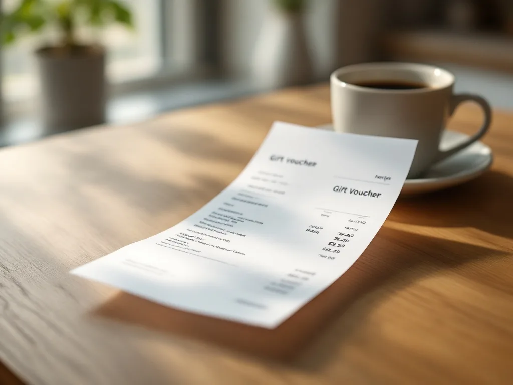 a shopping receipt and gift voucher placed on a kitchen table beside a coffee cup, soft morning window light, calm editorial still life photography, no text