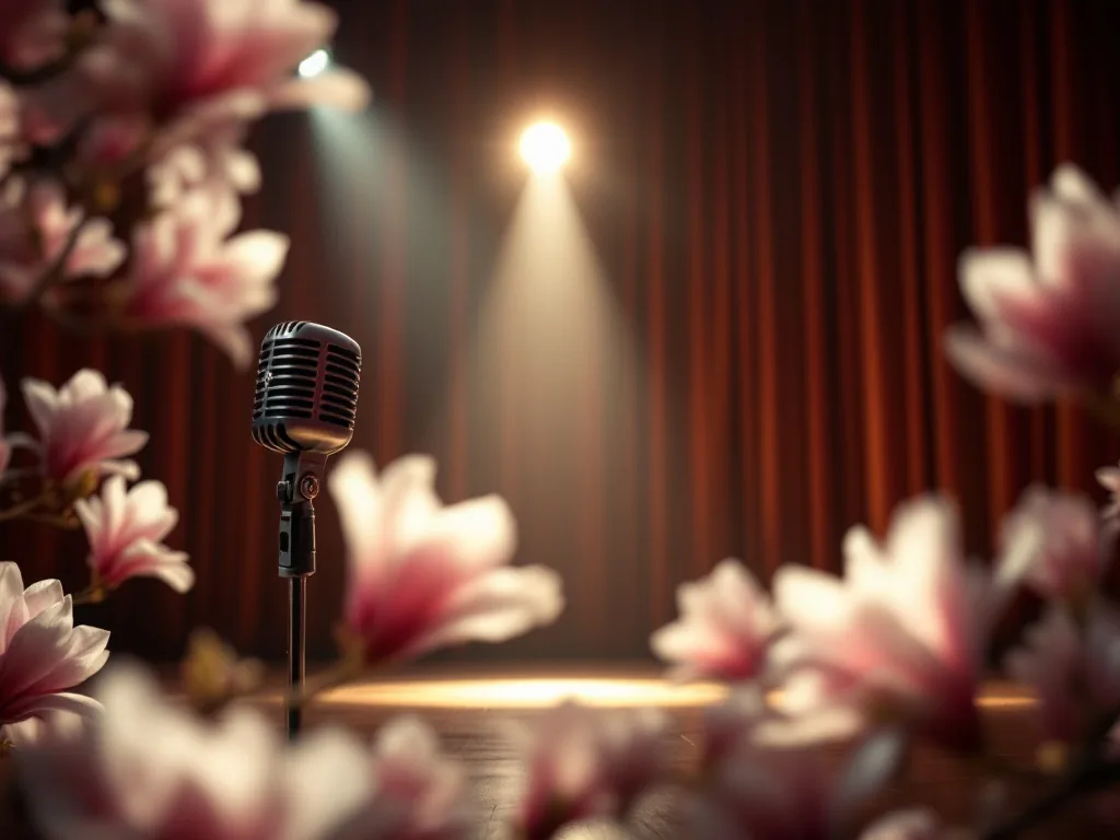 a single spotlight shining on an empty classic microphone on a grand stage, magnolia flowers softly blurred in the foreground, emotional cinematic mood, no people, editorial photography