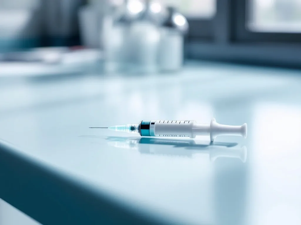 a single white pre-filled injection pen resting on a clean pale-blue clinic countertop, soft window light, shallow depth of field, editorial medical photography, no text