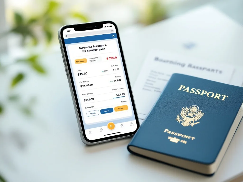 a smartphone showing an insurance comparison screen next to a passport and boarding pass on a light desk, soft window light, editorial photography, no text
