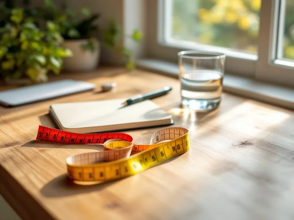 a wooden desk with a tape measure, a glass of water and a small notebook near a window in soft morning light, calm diet-planning mood, editorial photography, no text