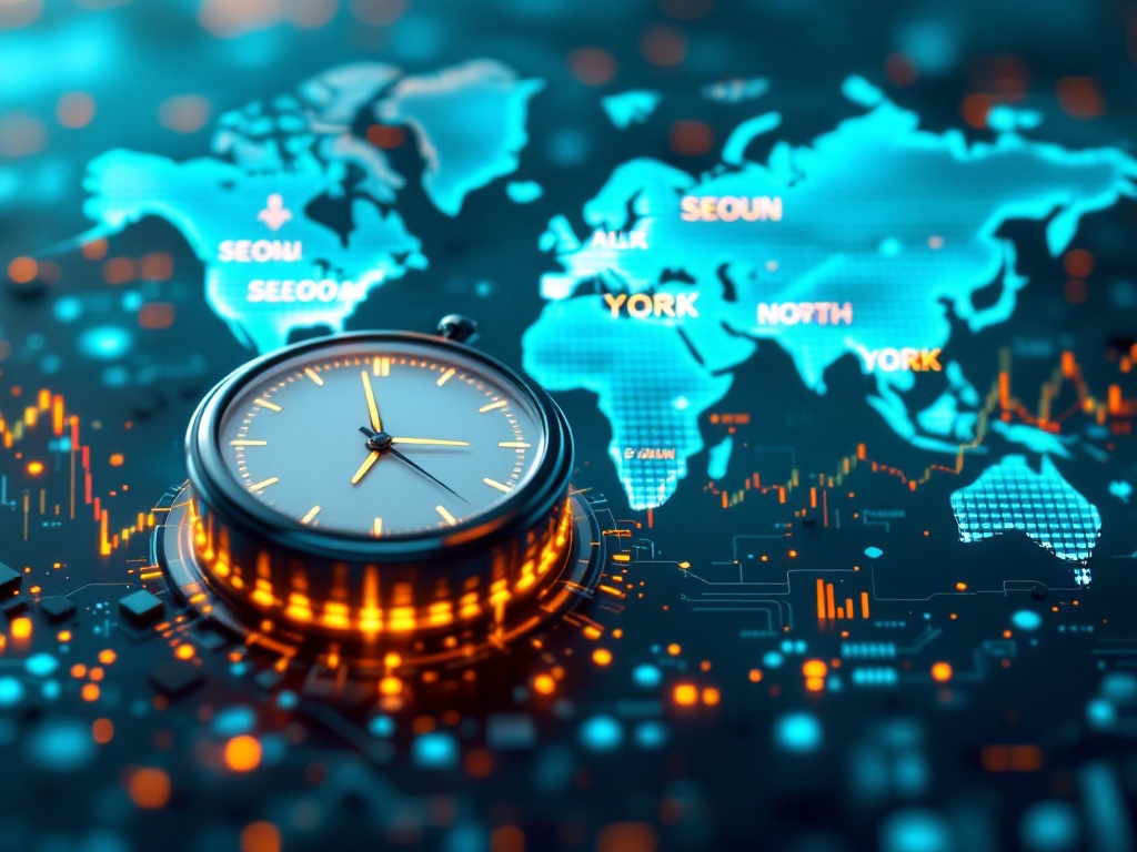 abstract global finance map with Seoul and New York market clocks, semiconductor pattern background, editorial illustration, no text