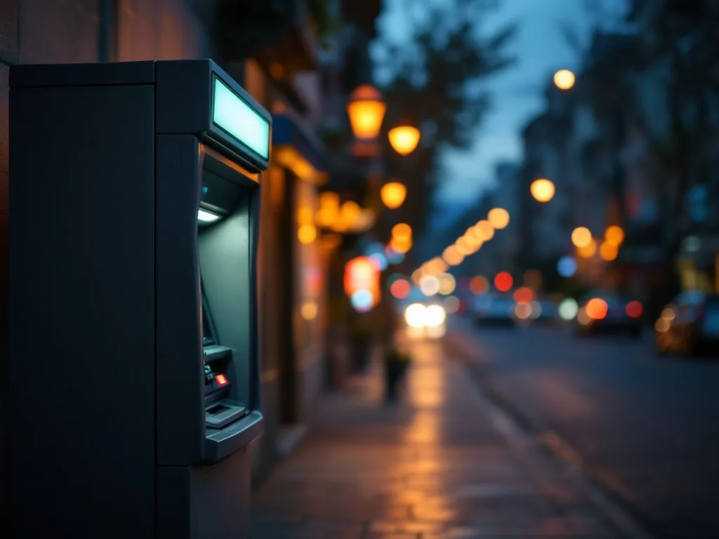 an ATM machine on a quiet foreign street at dusk with warm city lights blurred in the background, travel documentary photography, no text