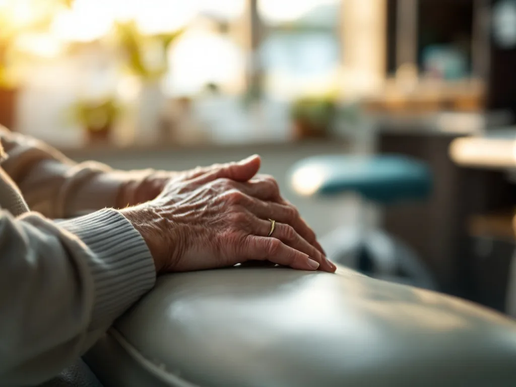 an elderly patient's hands resting calmly on a dental clinic armrest, warm window light, documentary tone, editorial photography, no text