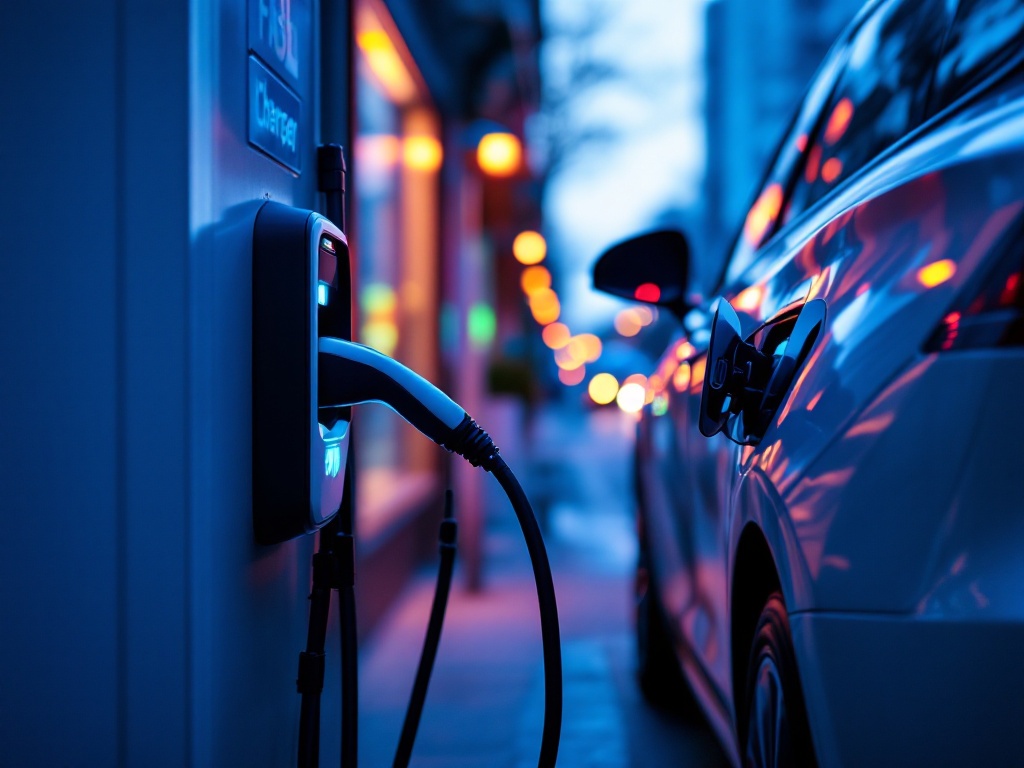 an electric vehicle plugged into a public fast charger on a city street at blue hour, close-up of the charging cable, editorial photography, no text