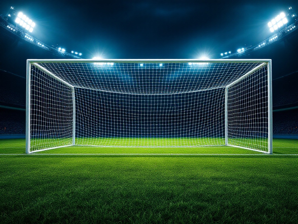 an empty football goal net under bright floodlights at a large stadium at night, green grass, dramatic mood, editorial sports photography, no text