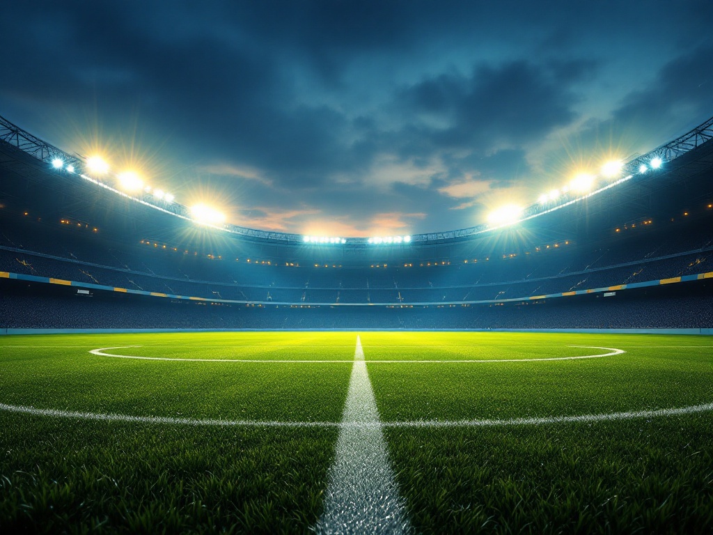 an empty football stadium at dawn with floodlights still on, dew on the green pitch, quiet moment before a big match, editorial sports photography, no text