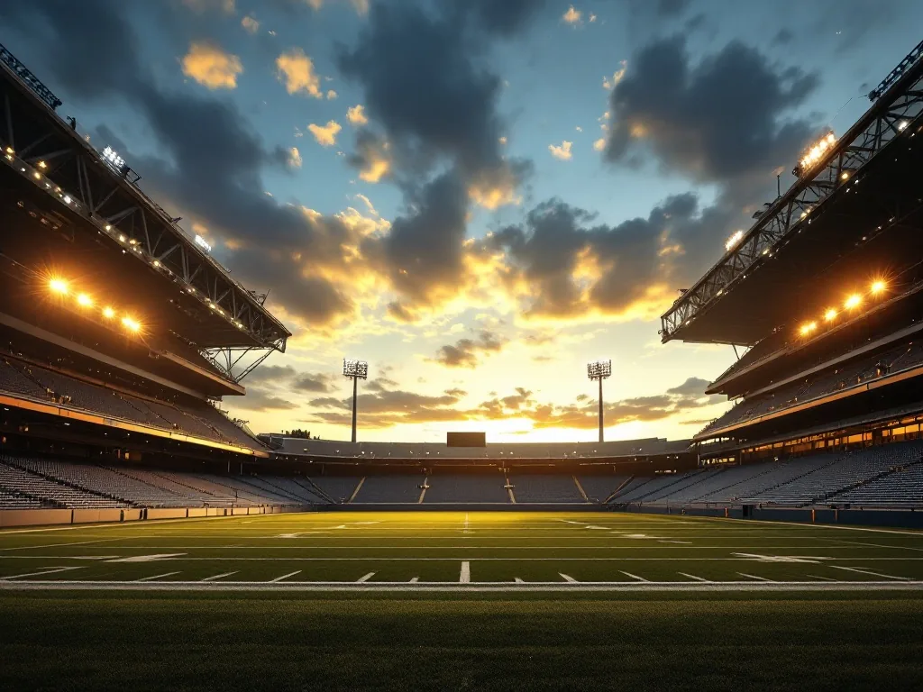 an empty football stadium at dusk with warm golden light over the stands, wide angle, editorial photography, no text