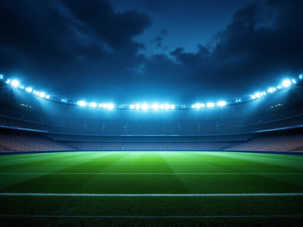 an empty football stadium at night under bright floodlights, green pitch, editorial sports photography, no text