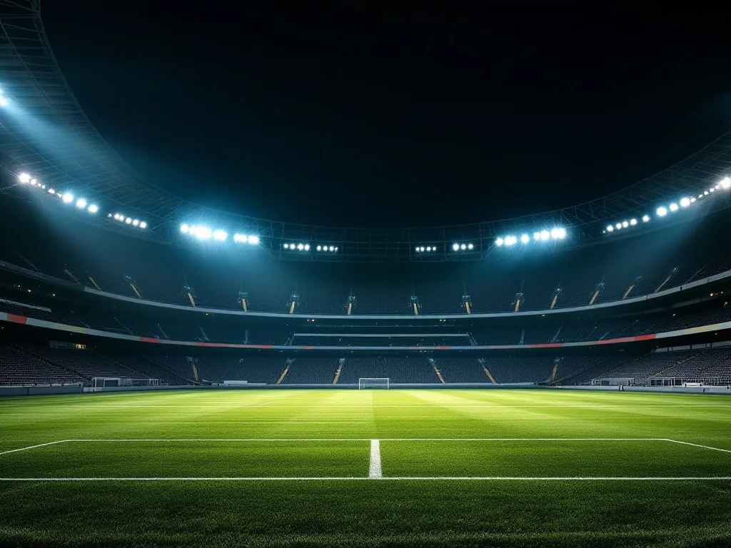 an empty football stadium at night under bright floodlights, neatly cut green pitch, wide angle, quiet moment before kickoff, editorial sports photography, no text