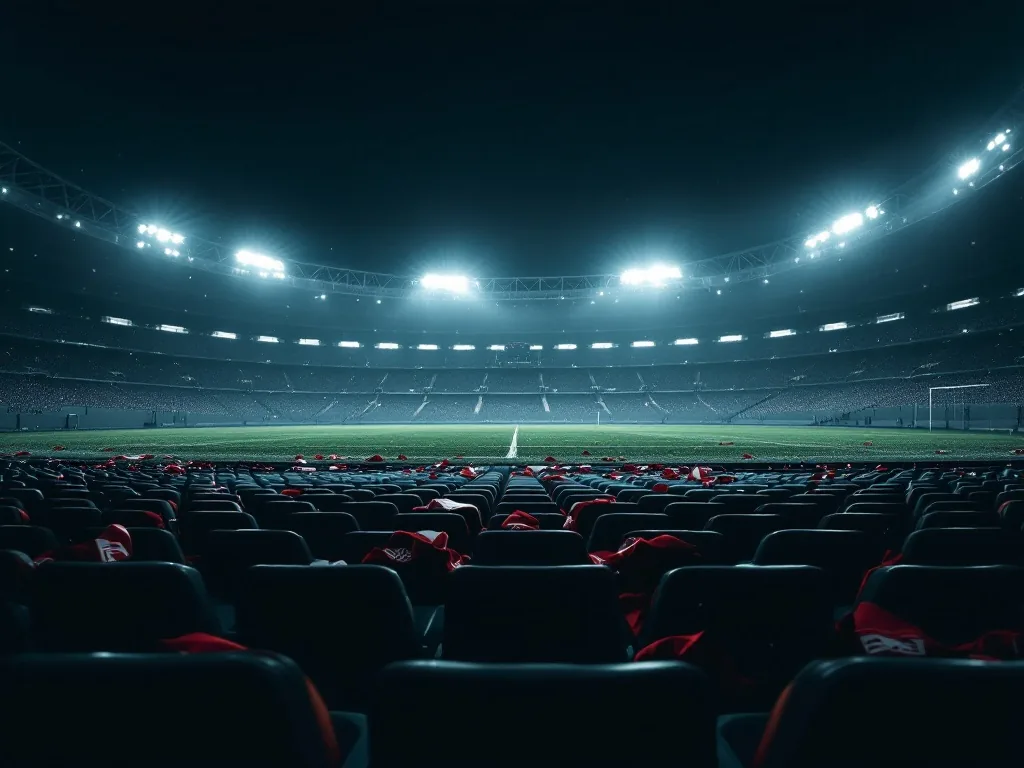 an empty football stadium at night under bright floodlights, scattered abandoned scarves on rows of empty seats, melancholic quiet mood, editorial sports photography, no text