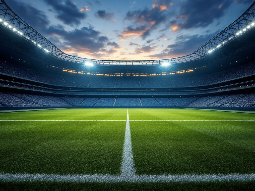 an empty grass football pitch inside a large stadium at dusk, quiet mood, wide shot, editorial sports photography, no text