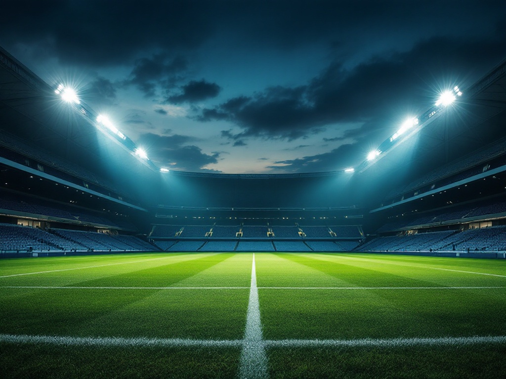 an empty green football pitch under bright stadium floodlights at dusk, wide angle, dramatic mood, editorial sports photography, no text