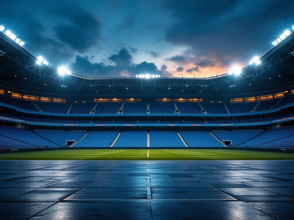 an empty modern indoor football stadium at dawn with floodlights still on, rows of blue seats, quiet atmosphere before a big match, editorial sports photography, no text