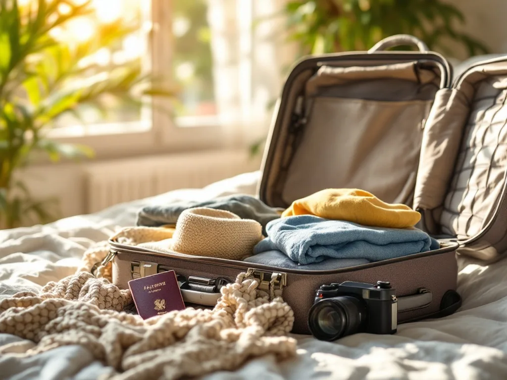 an open suitcase with neatly packed clothes, a passport and a camera on a bed near a sunny window, calm summer travel mood, editorial photography, no text