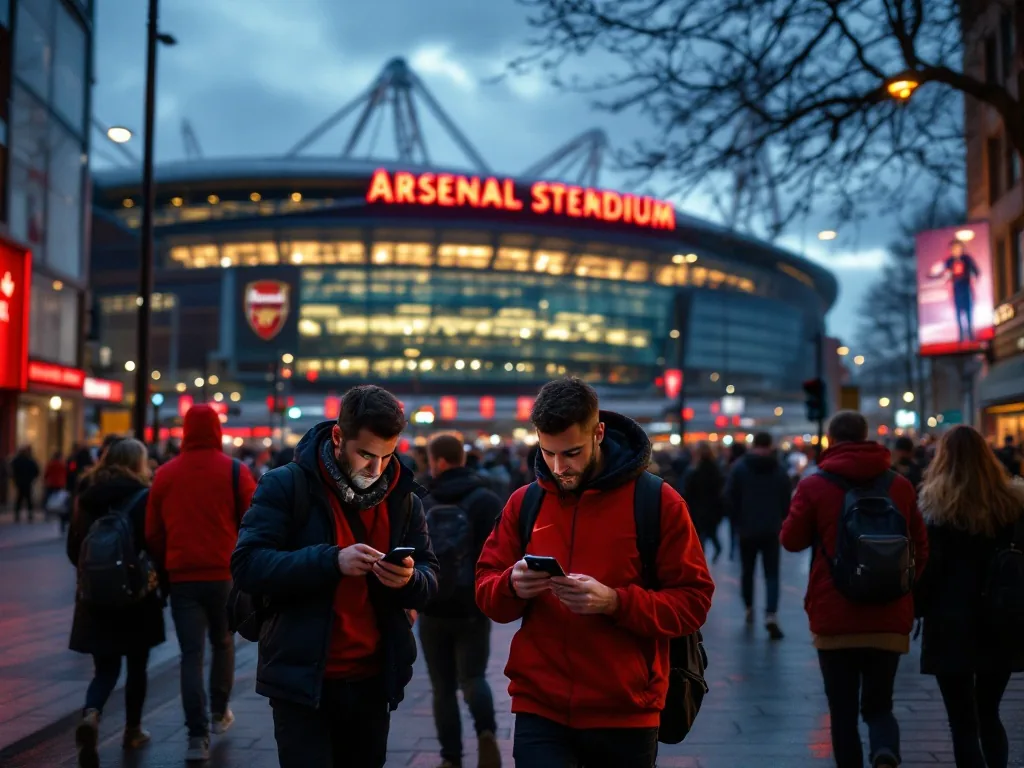 Arsenal fans walking near a stadium entrance while checking transfer alerts on phones, realistic evening street scene, no logos or readable text