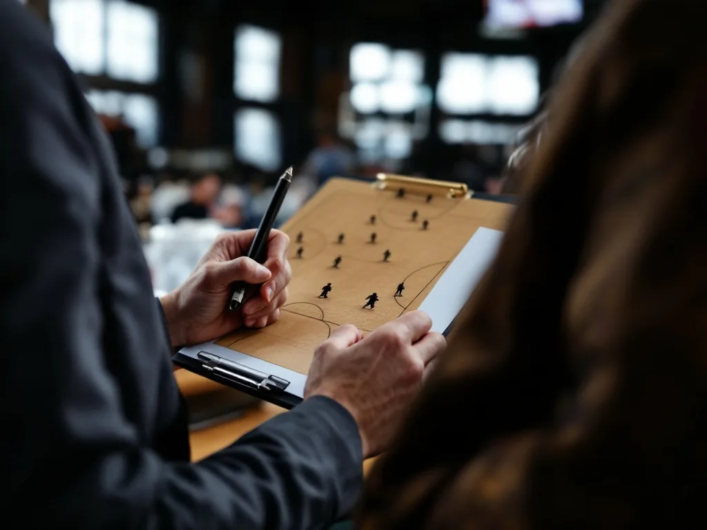 basketball coach drawing offensive play on clipboard