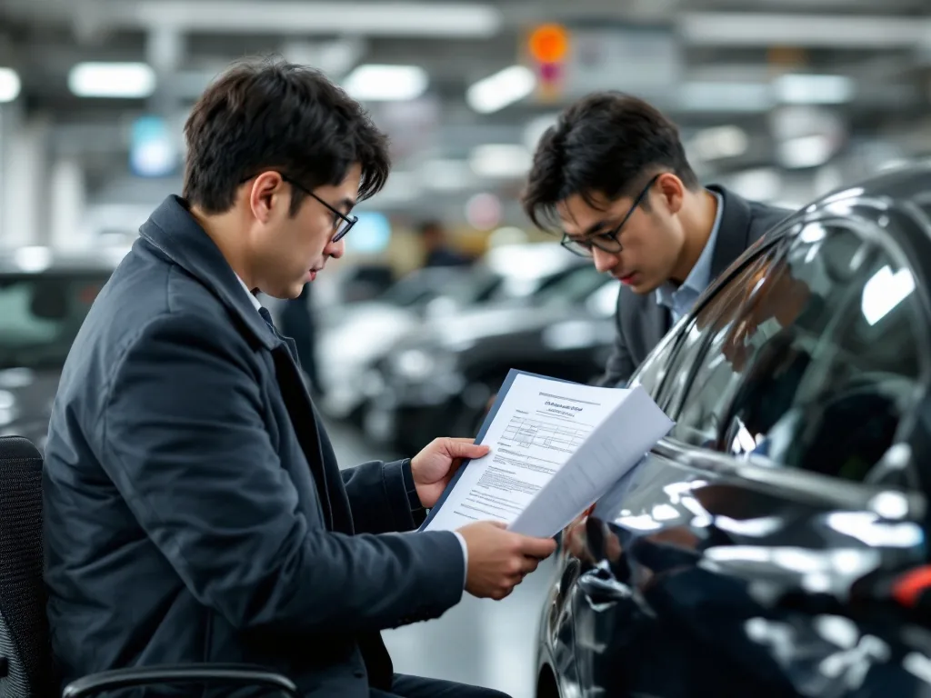buyer reviewing vehicle registration certificate before used car contract in Korea