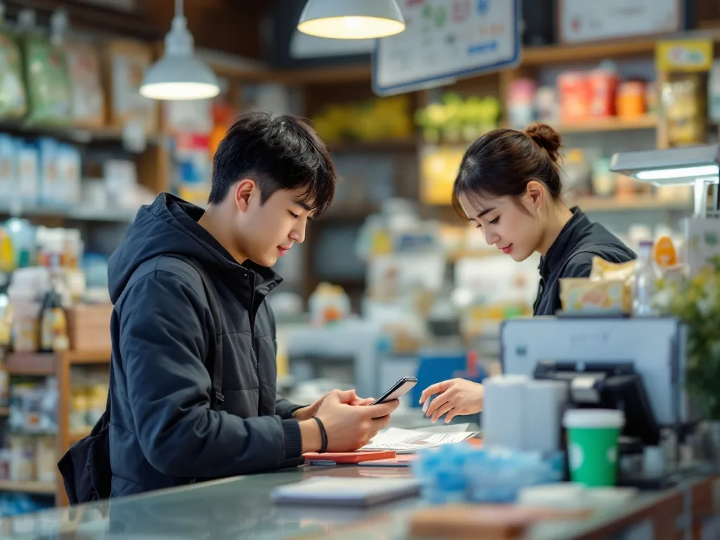 cashier counter at small Korean shop with customer checking phone before local voucher payment, payment sticker visible but generic, bright documentary style | 지역사랑상품권 결제 전 매장 확인 이미지