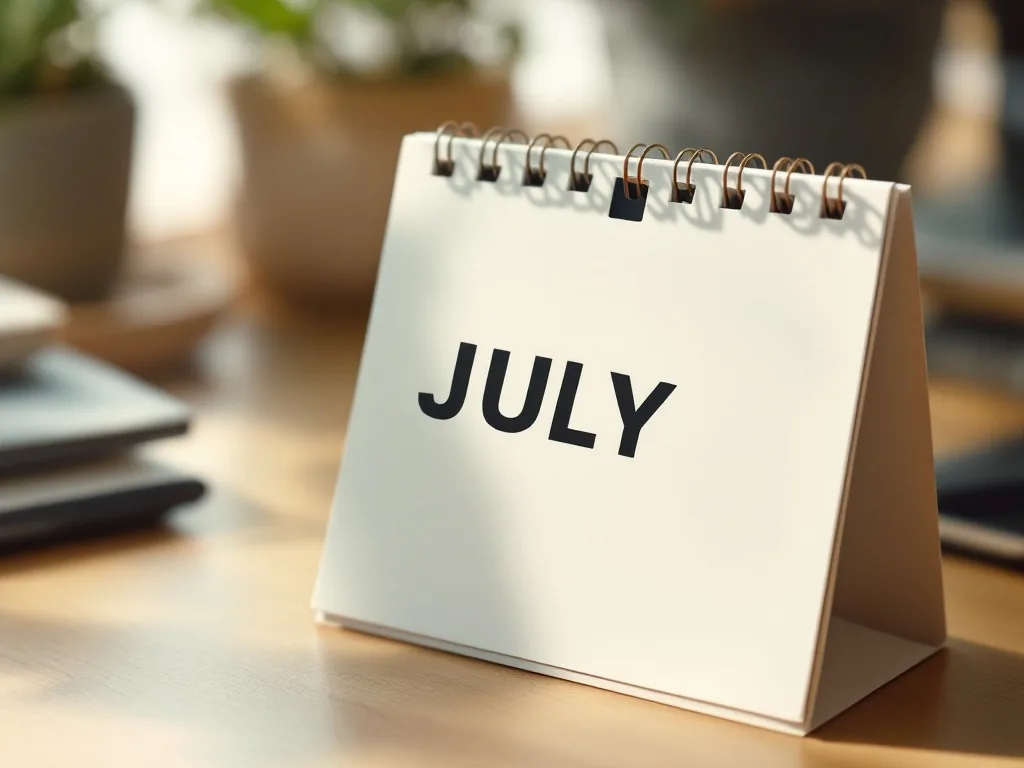 close-up of a blank July desk calendar with one date marked by a red tab, Korean office desk, soft morning daylight, overhead editorial photography, no text, no logo, no face
