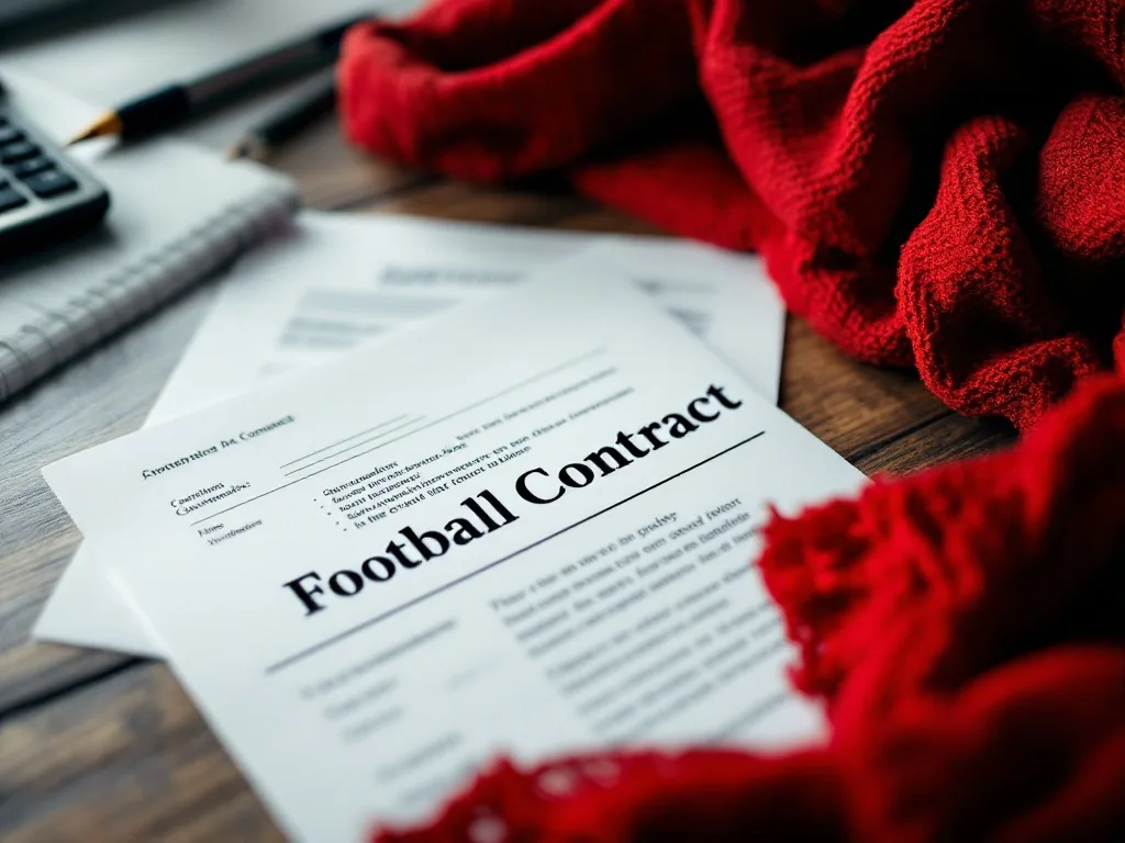 close-up of football contract papers and calculator on a wooden desk with red scarf nearby, no readable text, realistic sports finance scene